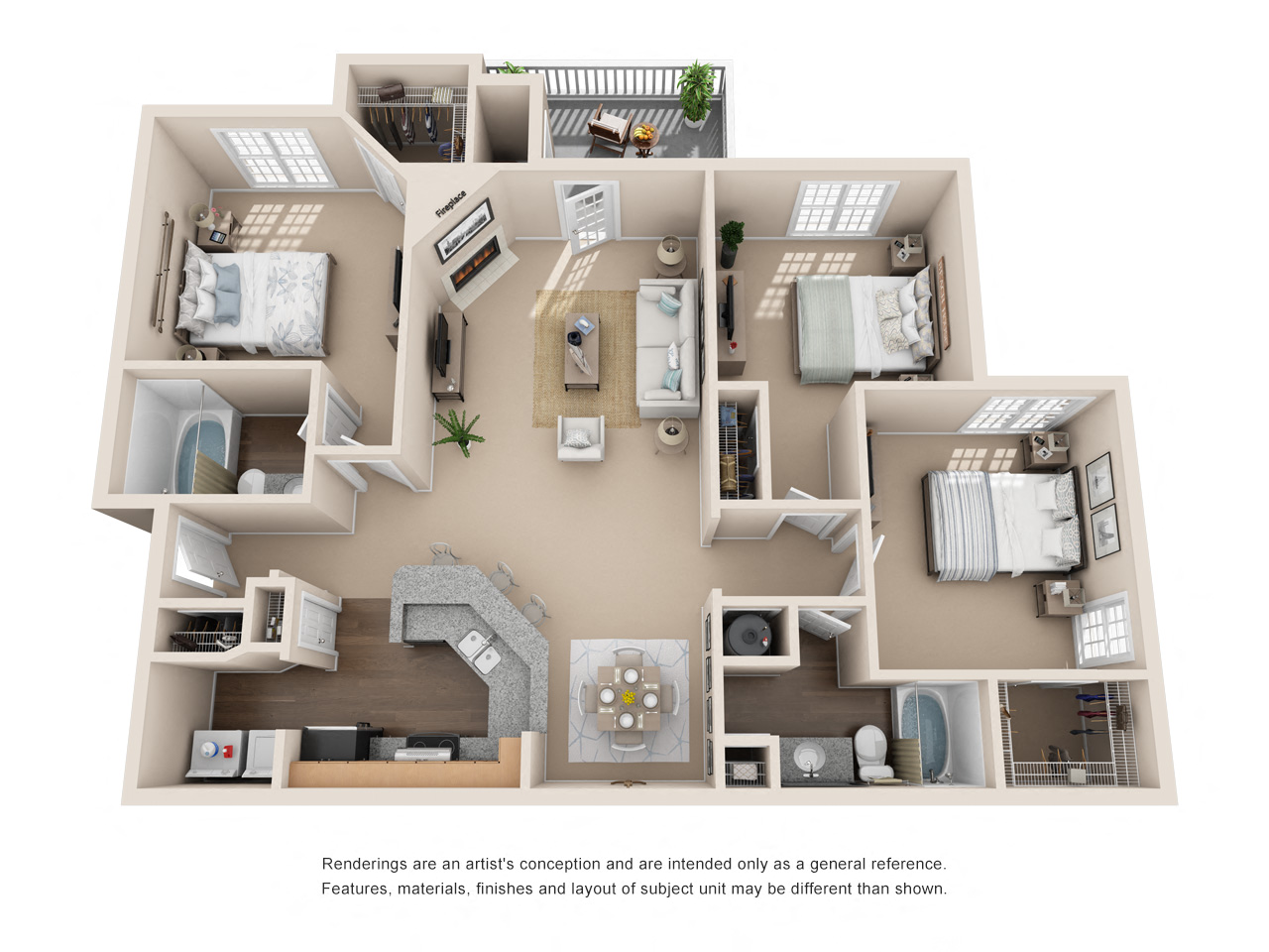 Floor plan for 3 beds, 2 baths, 1435 sqft